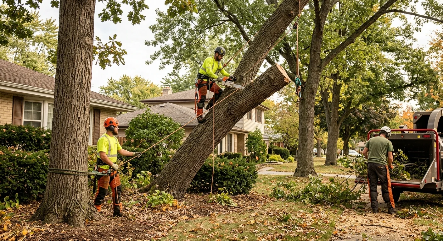 Crew performing sectional felling of a leaning tree during lot clearing