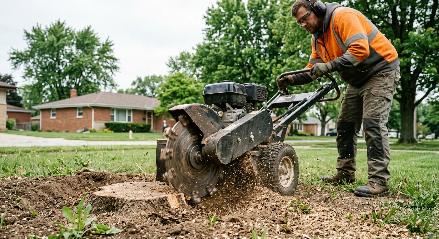 Close-up of stump grinder reducing a hardwood stump below grade level