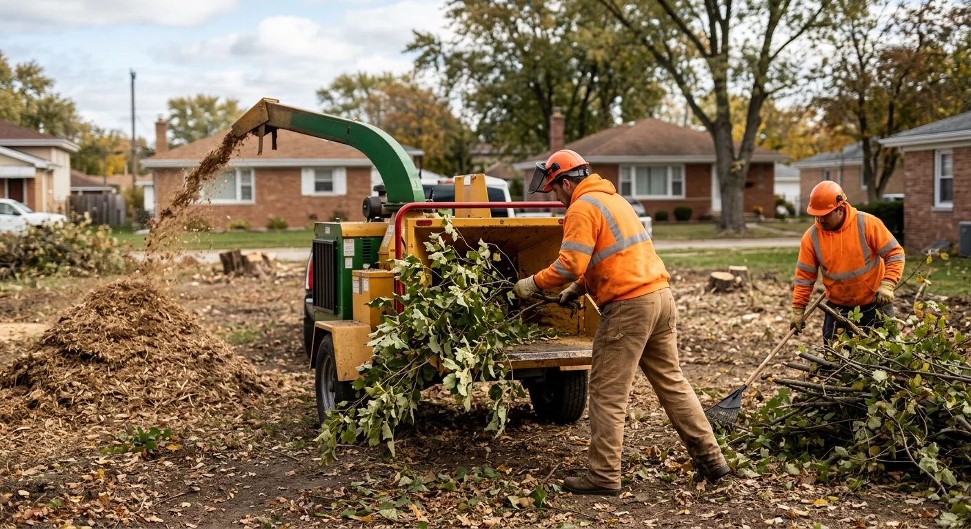 Wood chipper processing cut branches into mulch on a cleared property