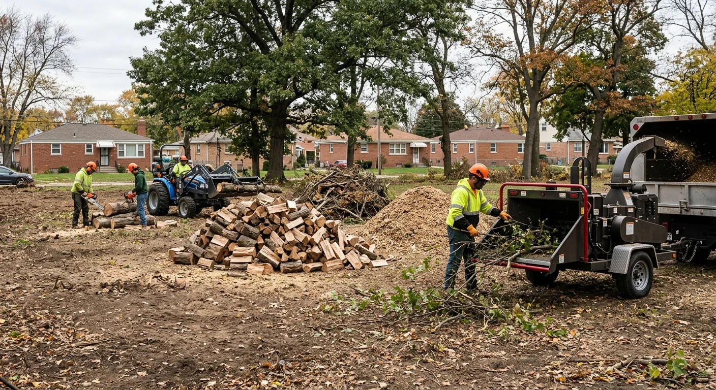 Wide shot of a partially cleared Bellwood lot showing separated debris piles