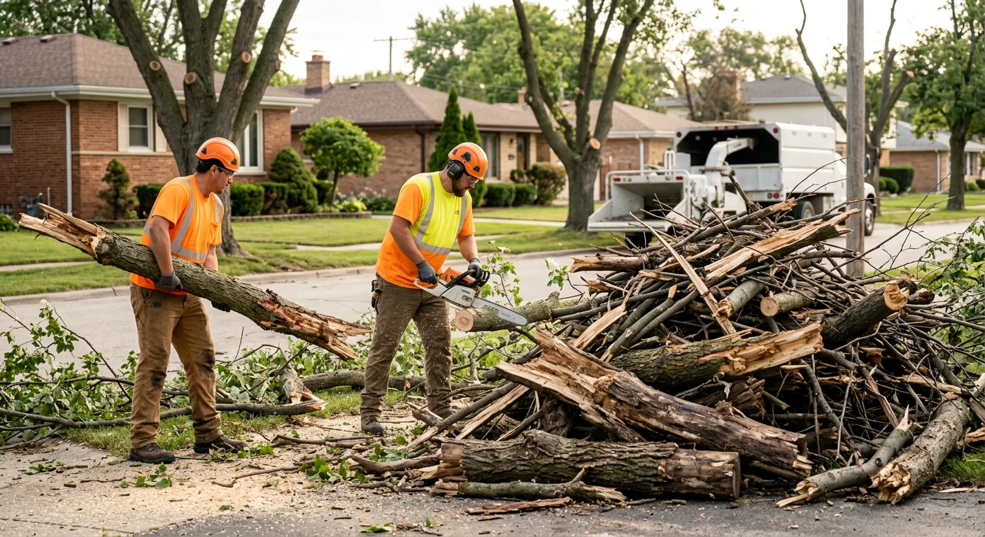 Storm-damaged limbs and deadwood stacked for removal during site cleanup