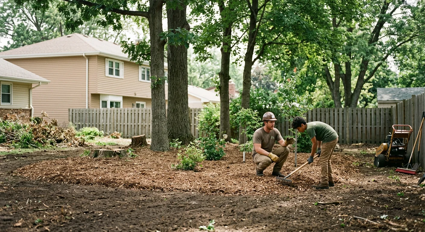 Finished cleared backyard in Bellwood with preserved healthy shade trees remaining