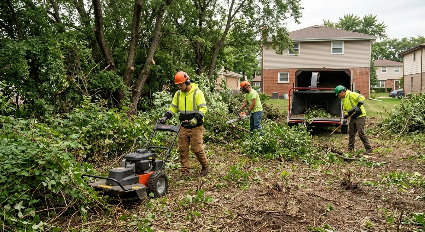 Technicians clearing dense undergrowth and preparing a Bellwood lot for restoration