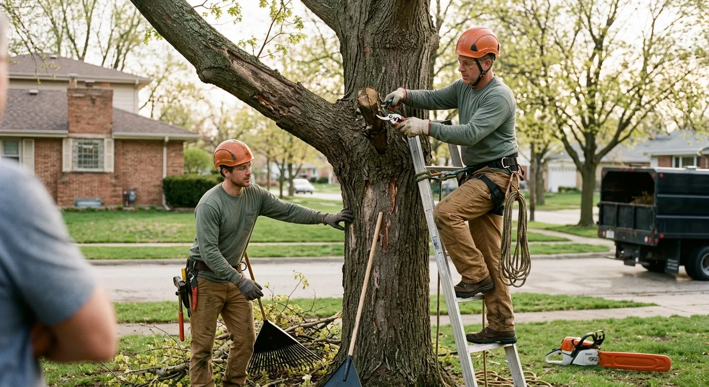 Crew clearing storm-damaged tree limbs from a residential Bellwood backyard