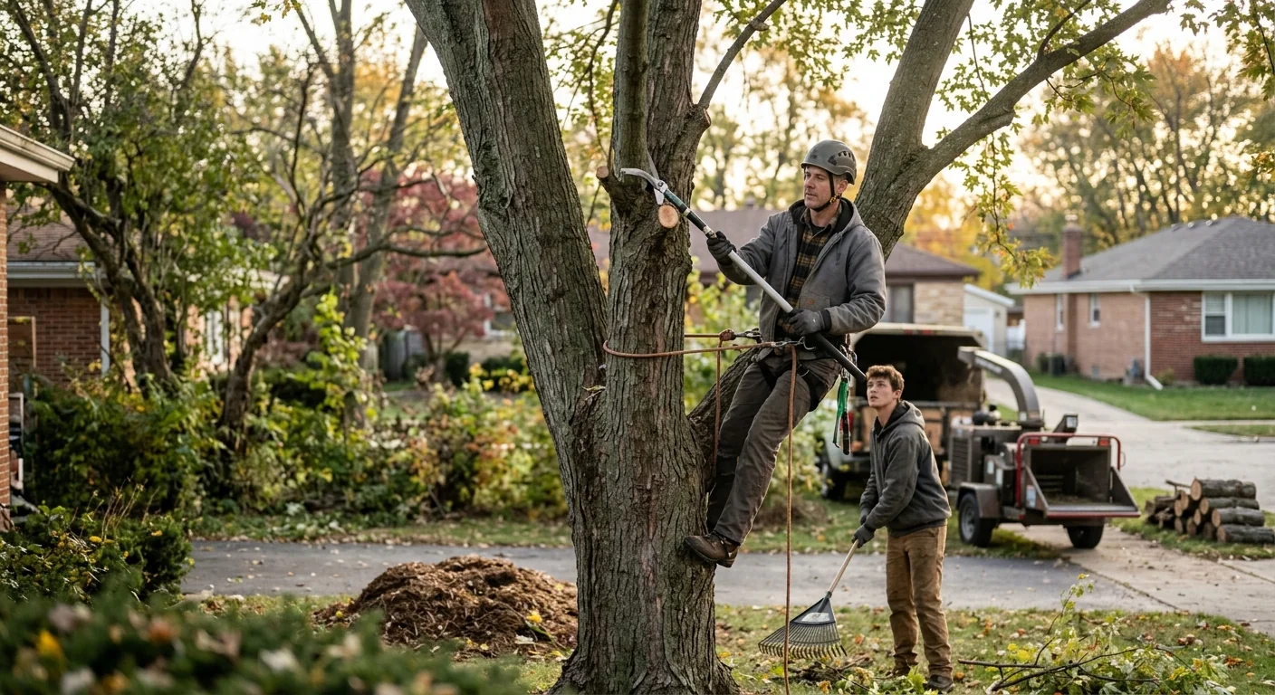 Crew clearing storm-damaged tree limbs from a Bellwood residential yard