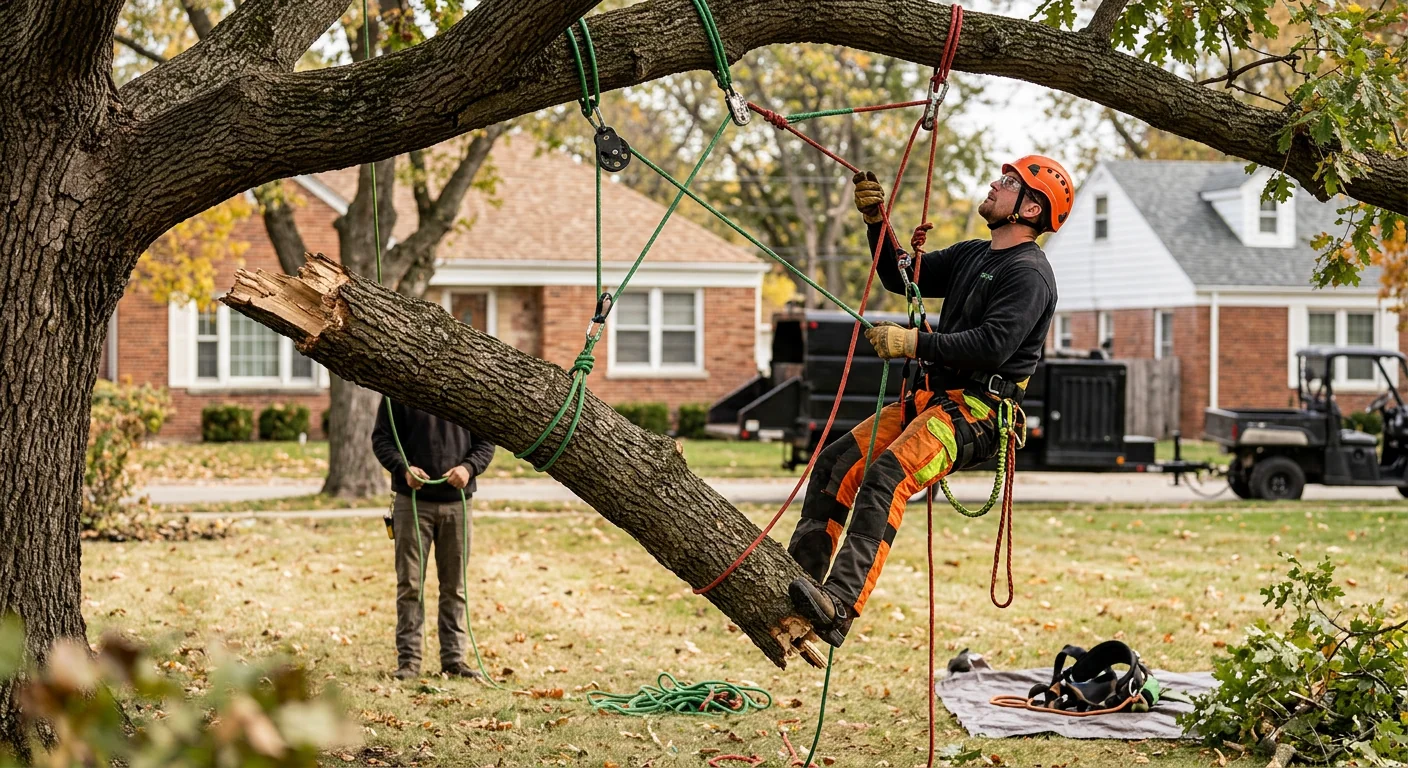 Arborist lowering a storm-broken limb with rigging lines in a Bellwood yard