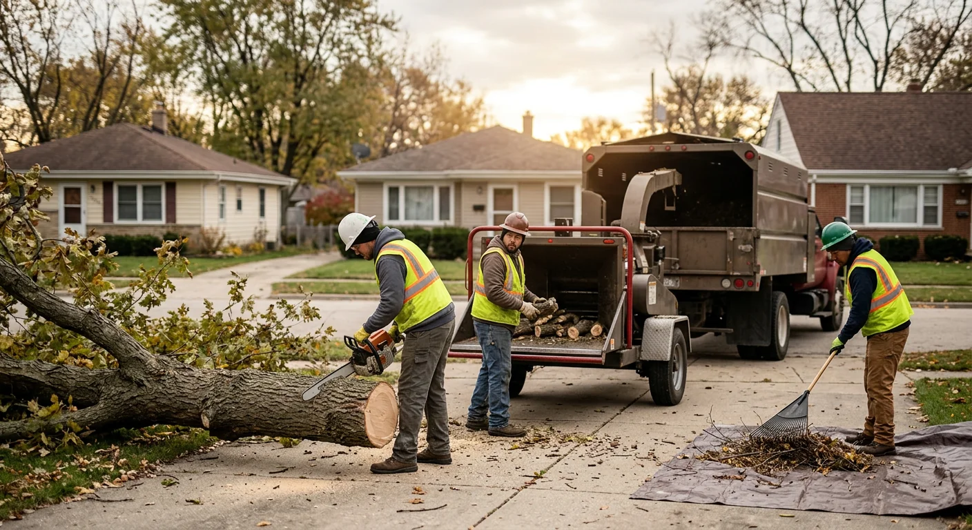 Crew clearing fallen tree debris from a residential driveway after high winds