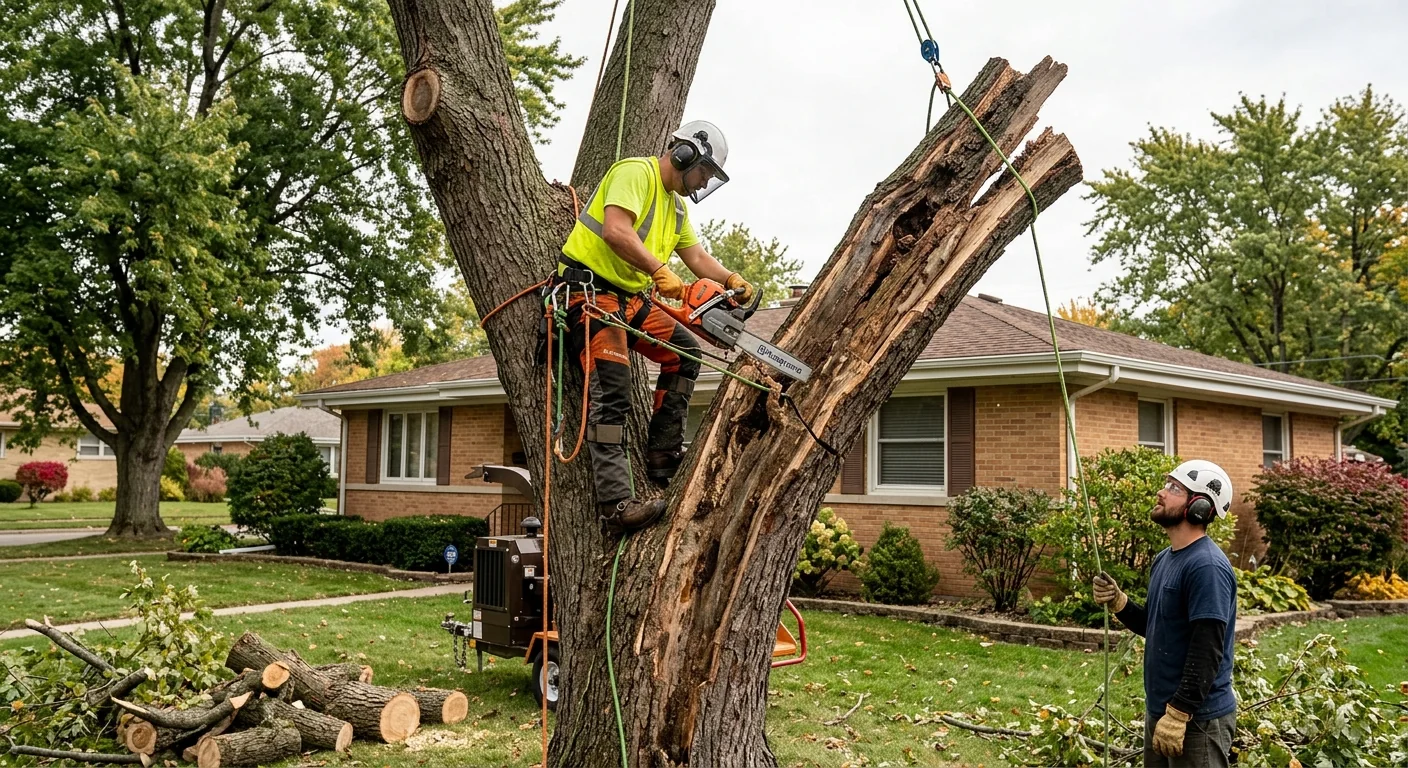 Split trunk being sectioned safely near a suburban home