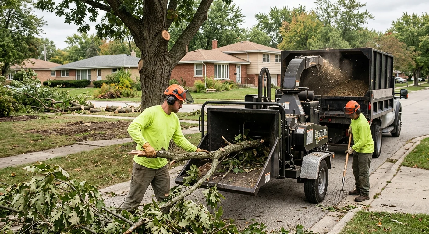 Wood chipper processing storm-damaged branches on a cleared property