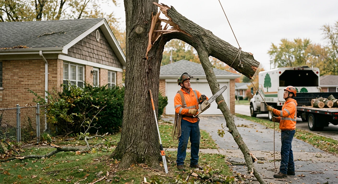 Storm-damaged tree with split limbs before cleanup on a Bellwood residential lot
