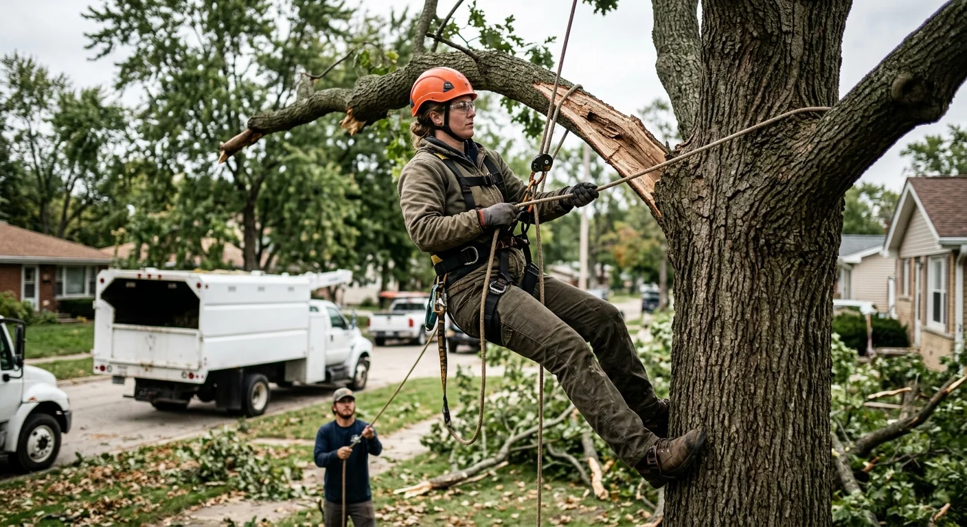 Crew member rigging a broken branch with ropes during storm cleanup