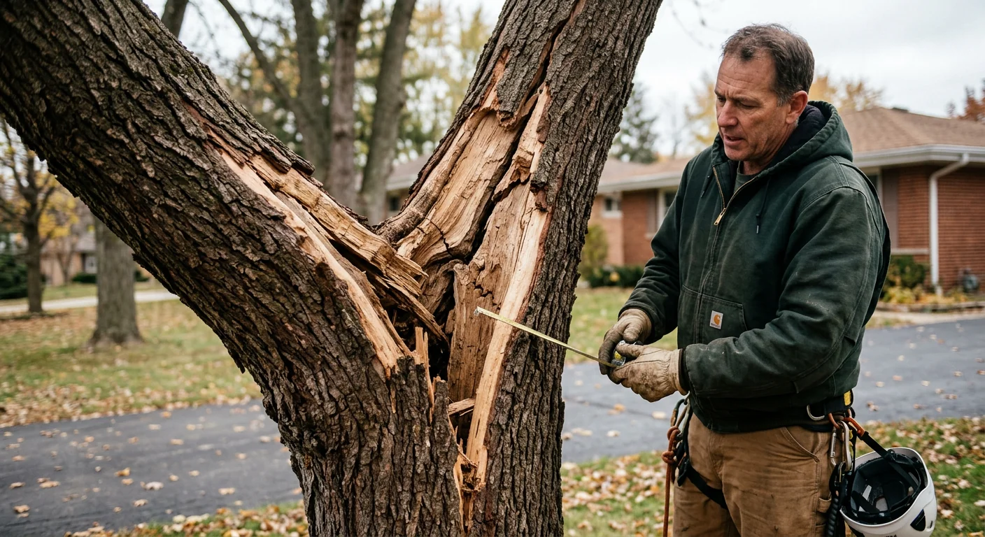 Close-up of torn bark and cracked crotch on a storm-stressed tree