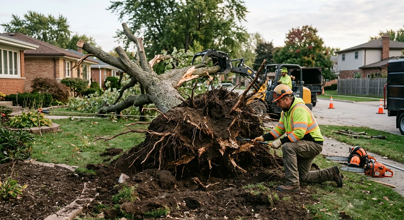 Uprooted tree with exposed root plate awaiting careful removal