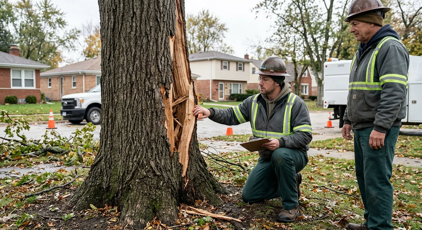 Technician assessing a storm-split tree trunk in a Bellwood front yard