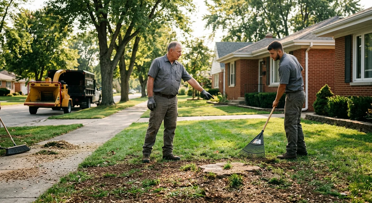 Restored residential lawn after storm damage tree cleanup and debris removal