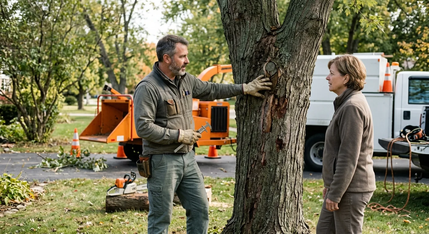 Technician measuring a tree stump before grinding in a Bellwood backyard
