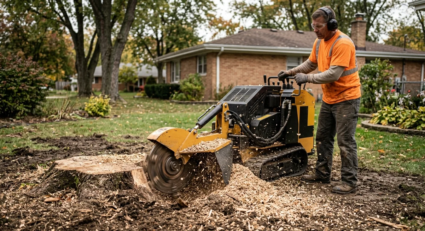 Stump grinder reducing a large tree stump below grade in a Bellwood backyard