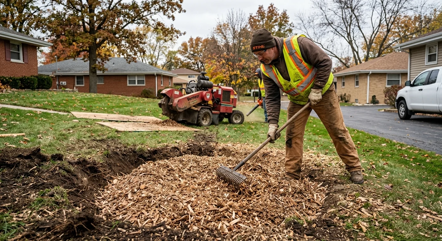 Fresh wood grindings filling a hole where a stump was removed