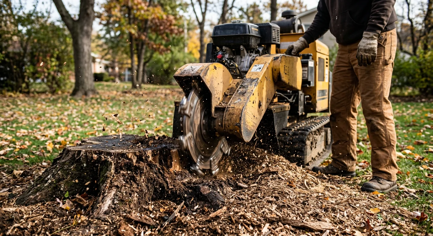 Close-up of a stump grinder wheel cutting into a decayed hardwood stump