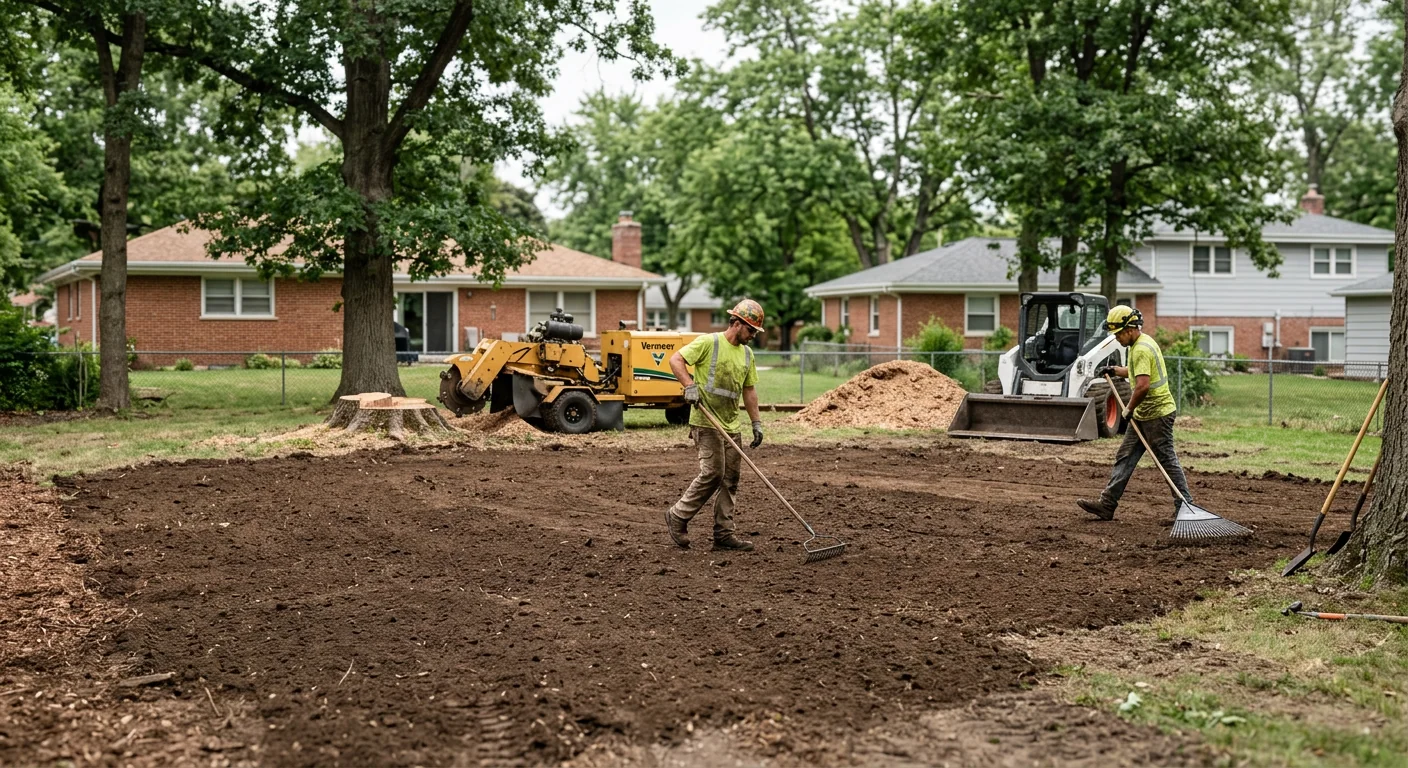 Wide shot of a cleared Bellwood backyard after stump grinding and leveling