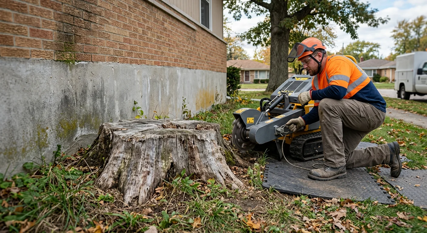 Before context showing an aging stump near a residential foundation