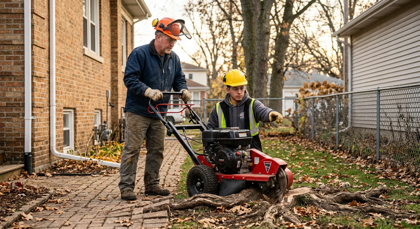Technician guiding a grinder around exposed surface roots in a side yard