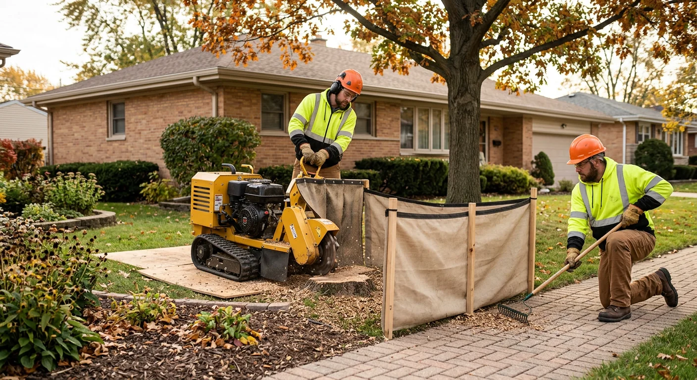 Chip containment keeping walkways and flower beds clean during grinding