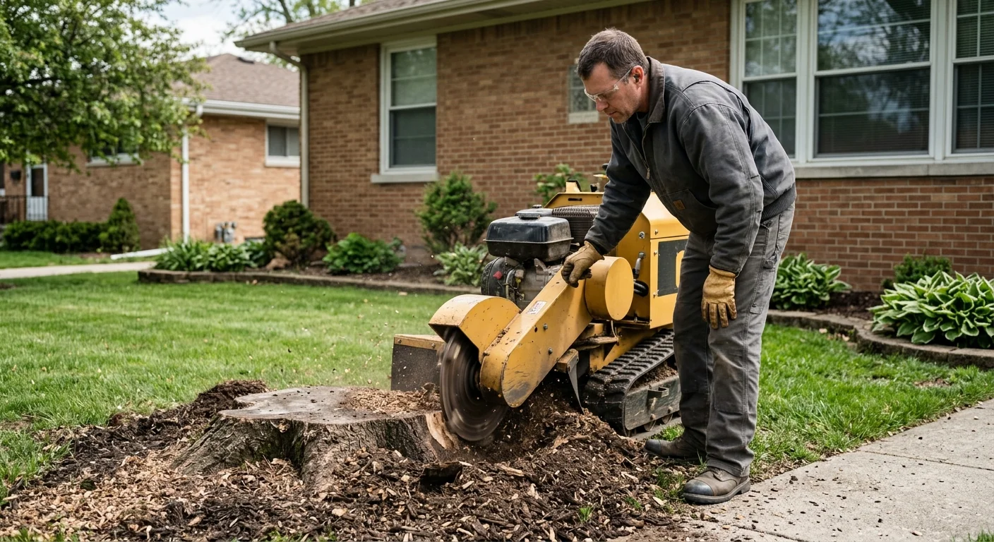 Stump grinder reducing a large stump below grade in a residential Bellwood yard