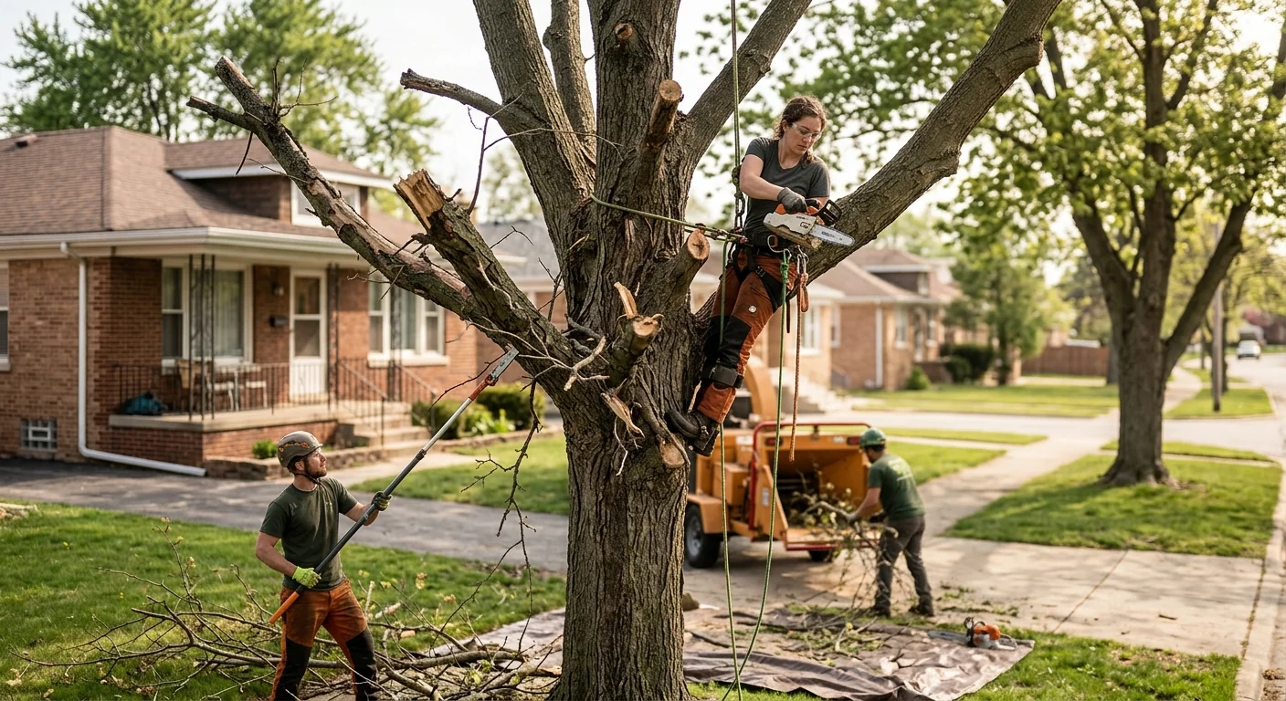 Arborist installing support cable in a mature backyard shade tree in Bellwood
