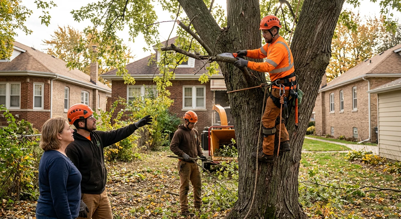 Technician installing cabling support hardware on a mature tree in Bellwood