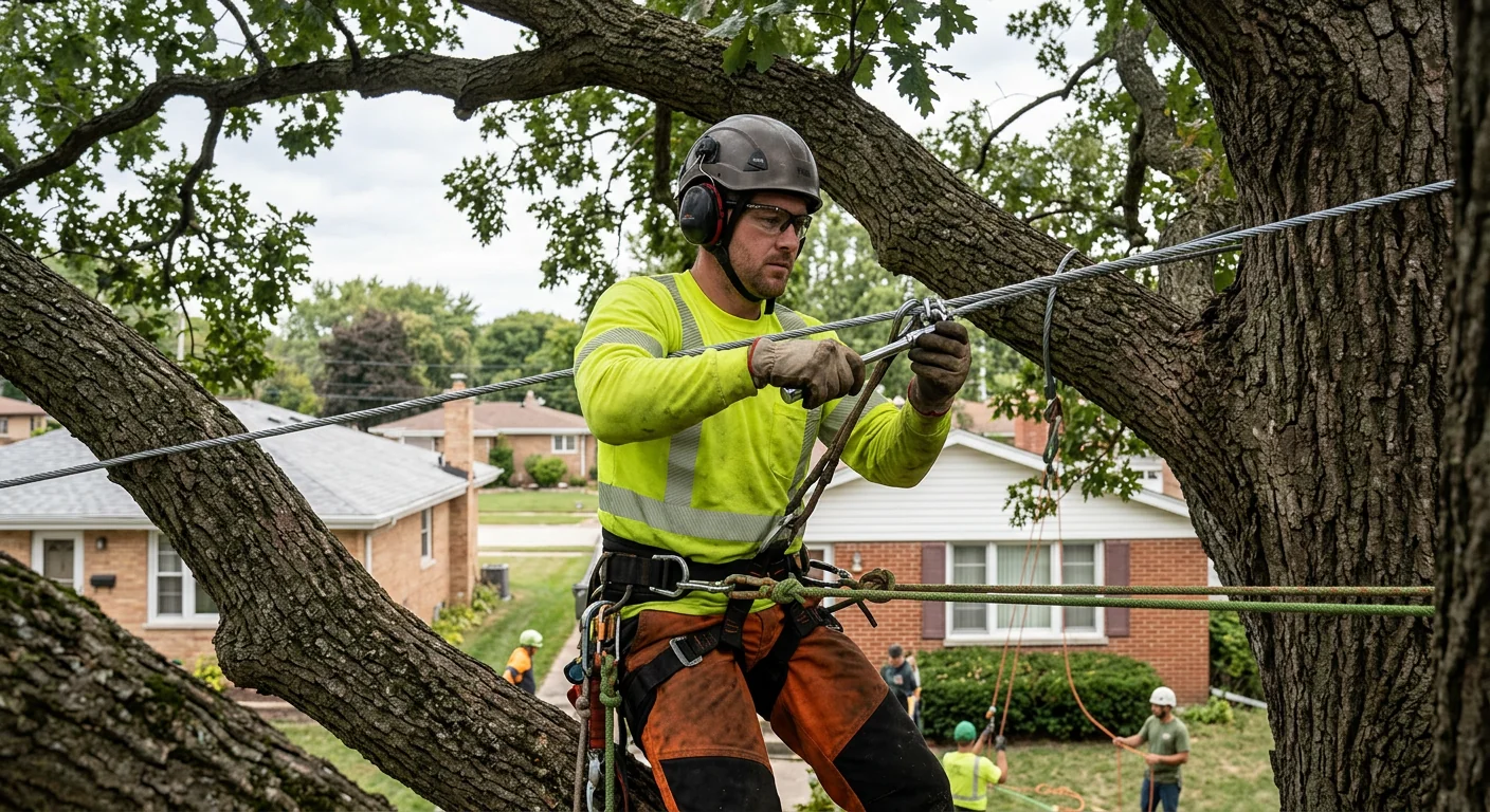 Arborist installing steel support cable in upper canopy of a mature shade tree