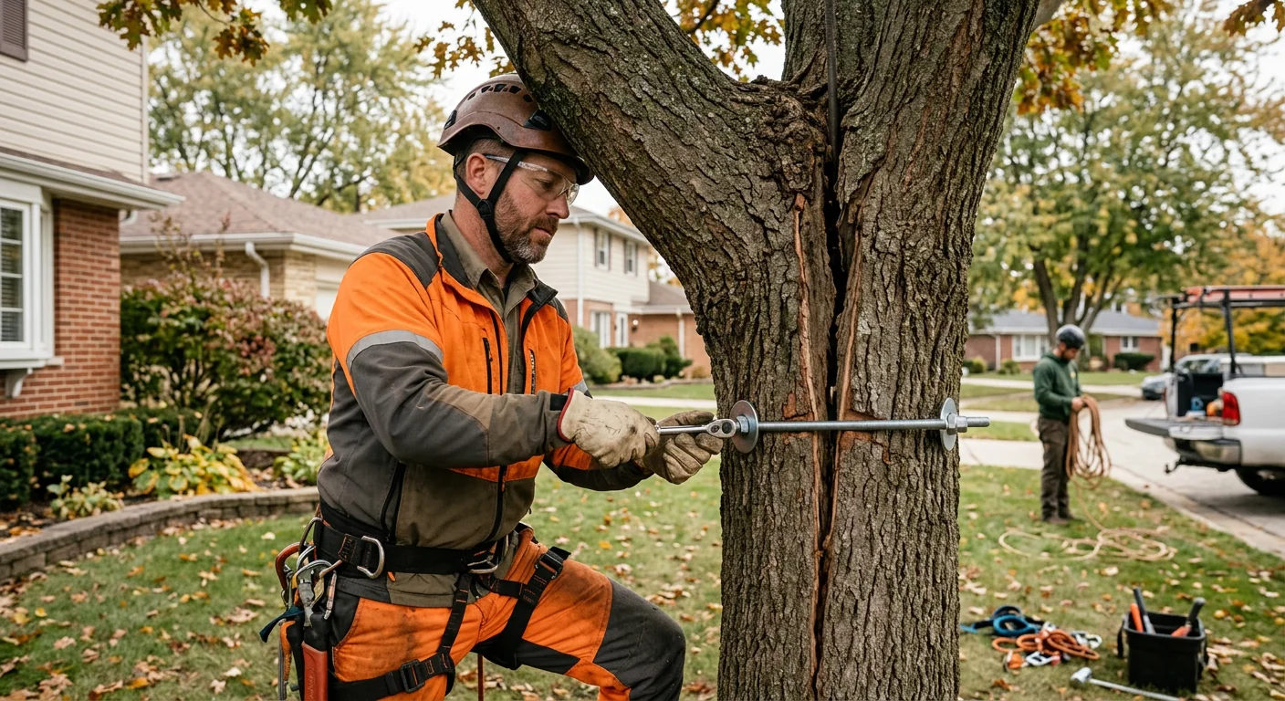 Split trunk reinforced with threaded bracing rod on a residential Bellwood property