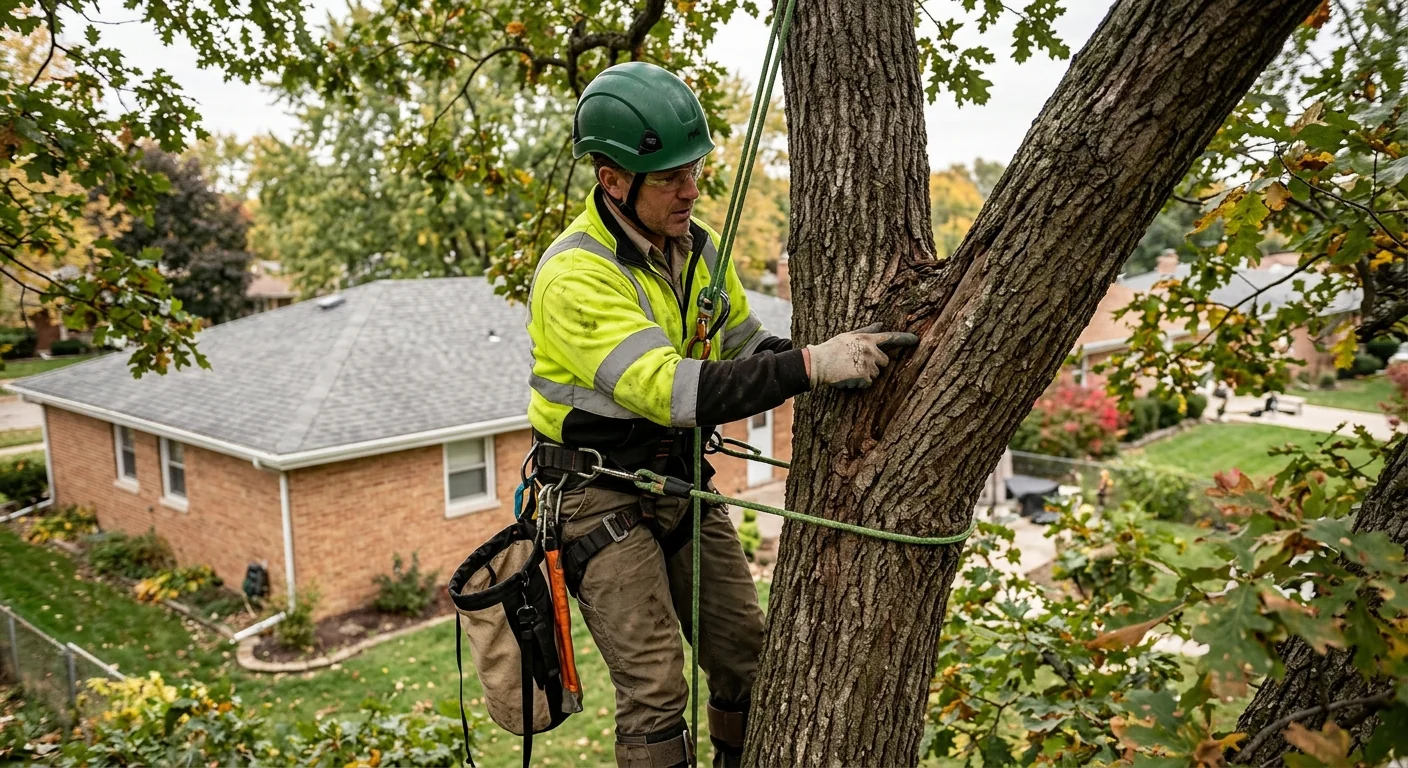 Technician inspecting weak branch union before selecting cable hardware placement