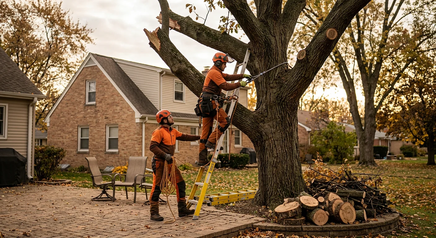 Storm-stressed tree stabilized with dynamic cabling system over a backyard patio