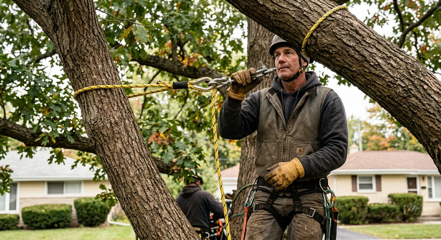 Close-up of synthetic rope cable installed between two upper oak branches in Bellwood