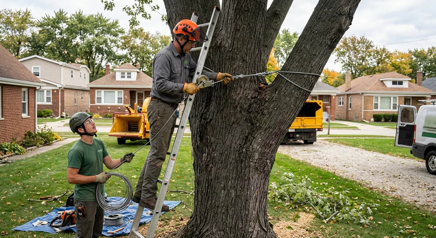 Wide shot of a mature maple with support cabling across a residential Bellwood yard