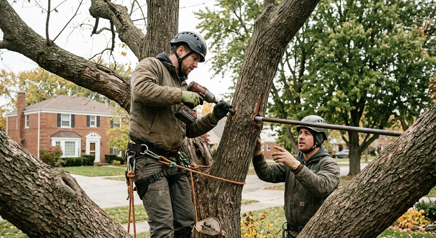 Split-trunk tree showing steel rod bracing installed to stabilize a weak union