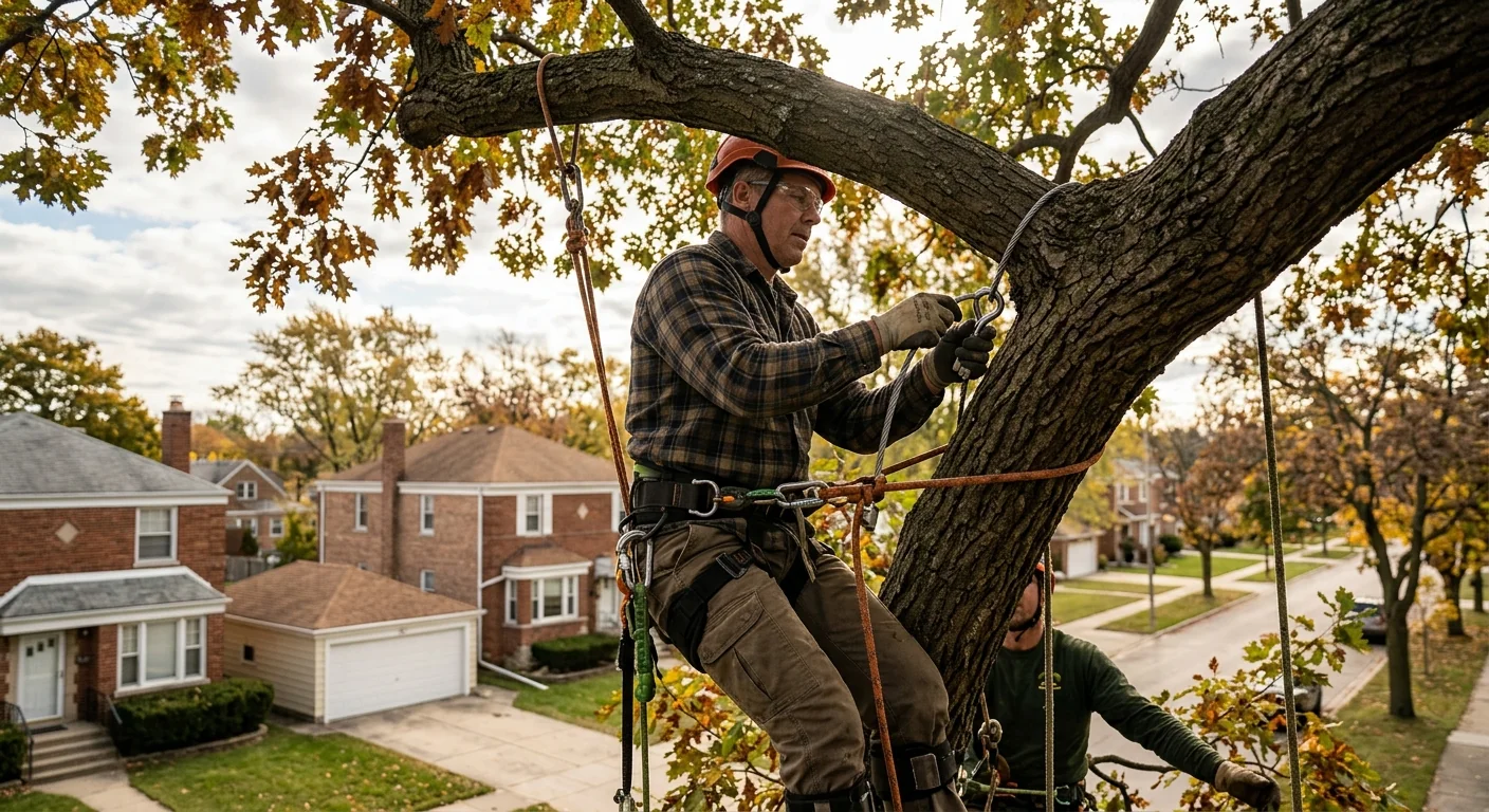 Arborist in harness setting cable hardware high in a large canopy