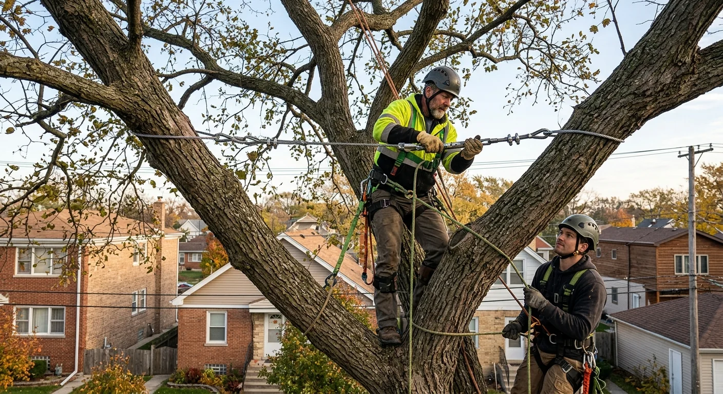Finished cabling system spanning the upper crown of an aging elm