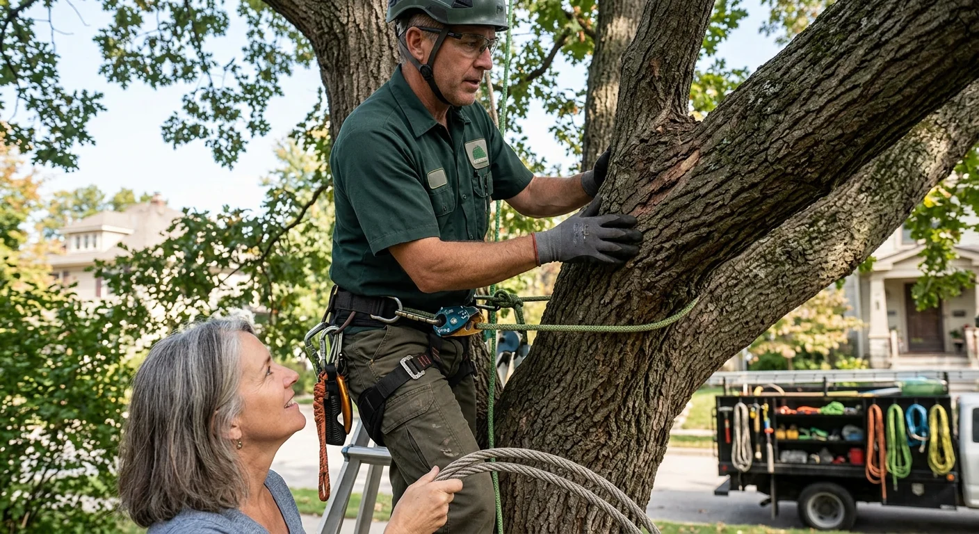 Technician inspecting weak branch union before cabling on a mature Bellwood tree