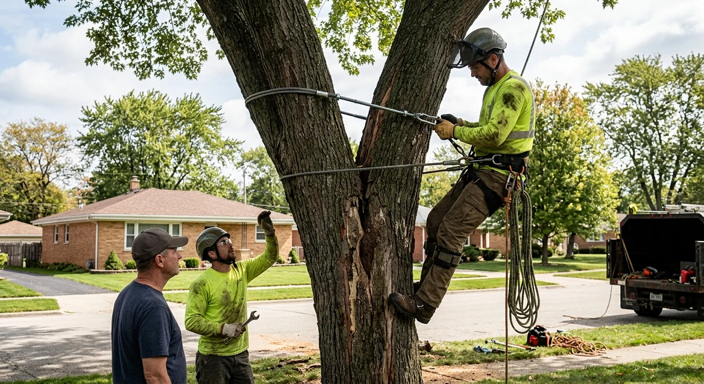 Restored shade tree with installed brace rods supporting a repaired split trunk