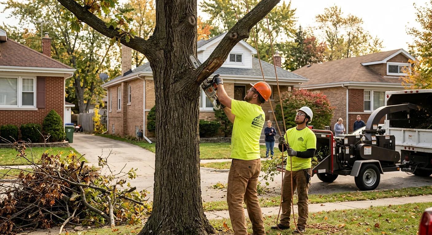 Arborist inspecting tree canopy health during a maintenance visit in Bellwood