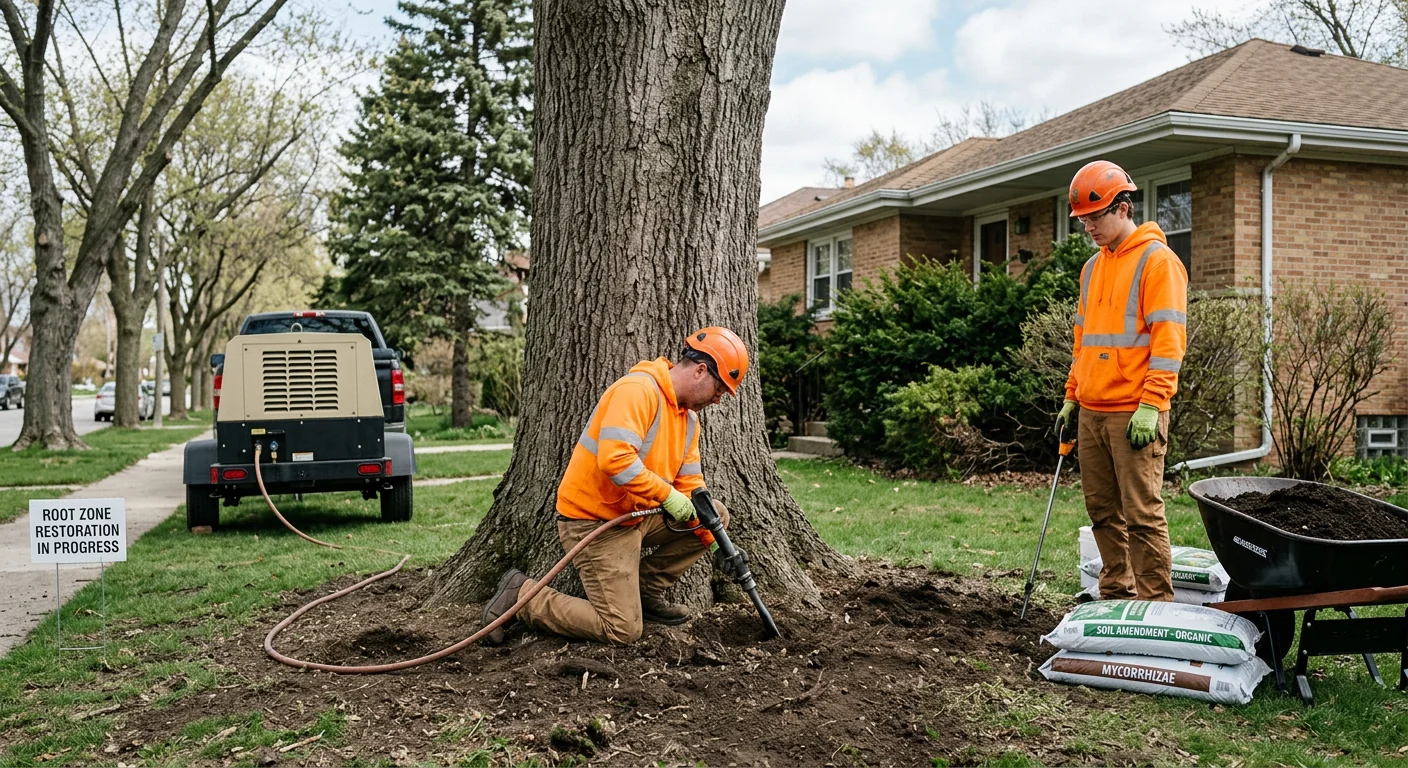 Arborist inspecting a mature tree canopy during a Bellwood health assessment