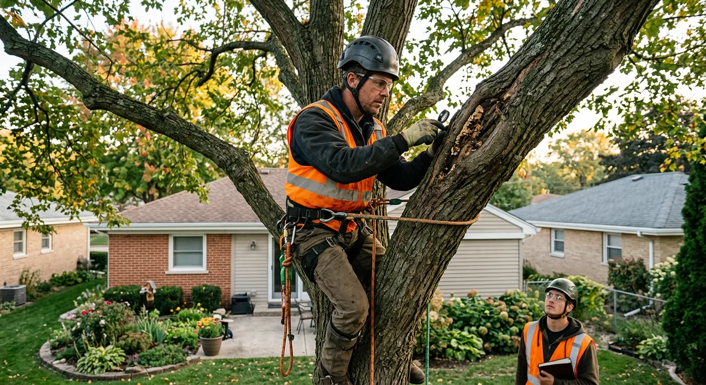 Arborist inspecting canopy health on a mature tree in Bellwood backyard