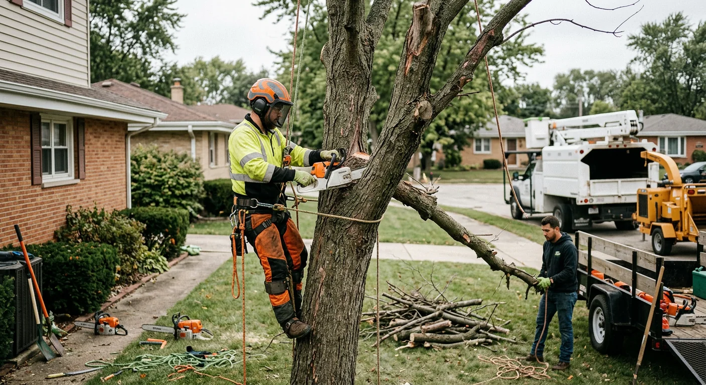 Technician performing corrective structural pruning on a stressed residential tree