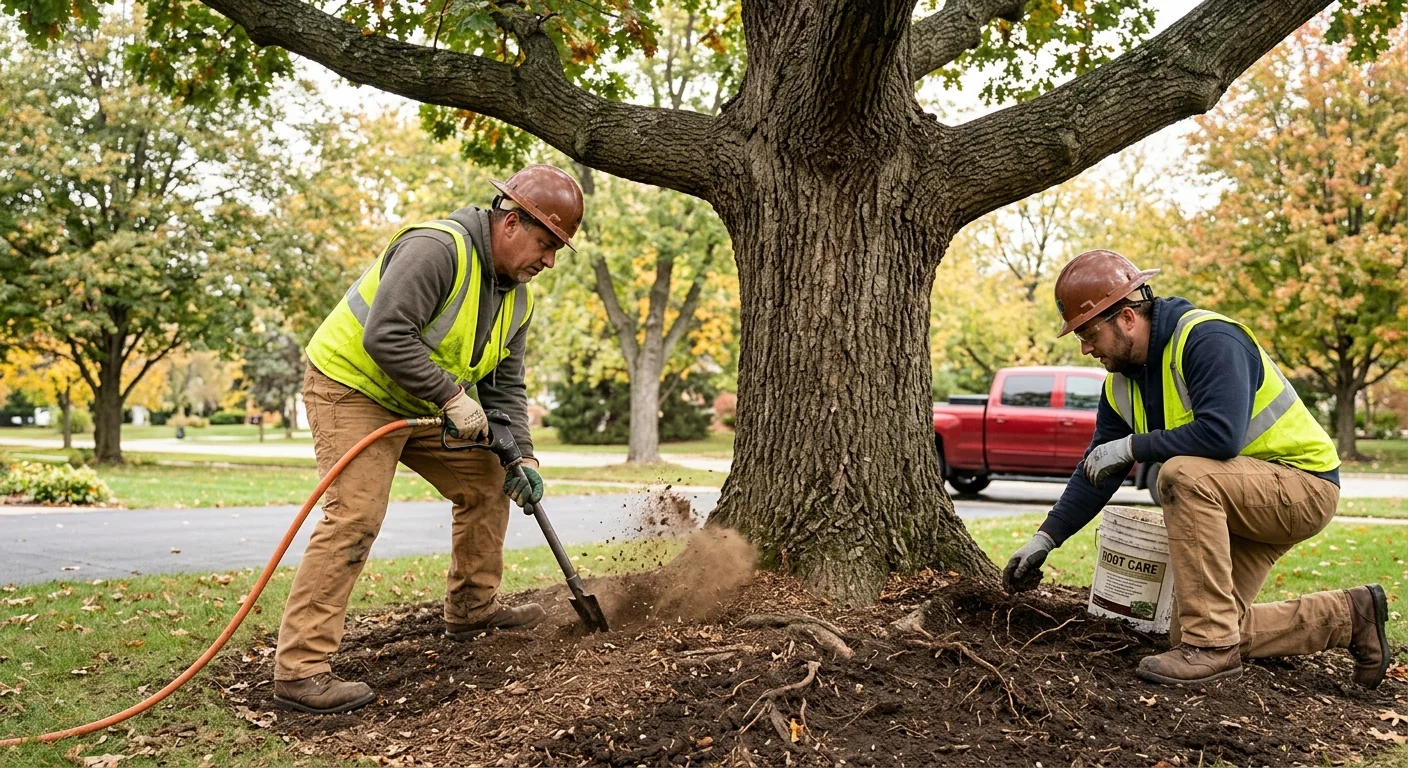 Soil aeration and root care treatment near a mature oak tree