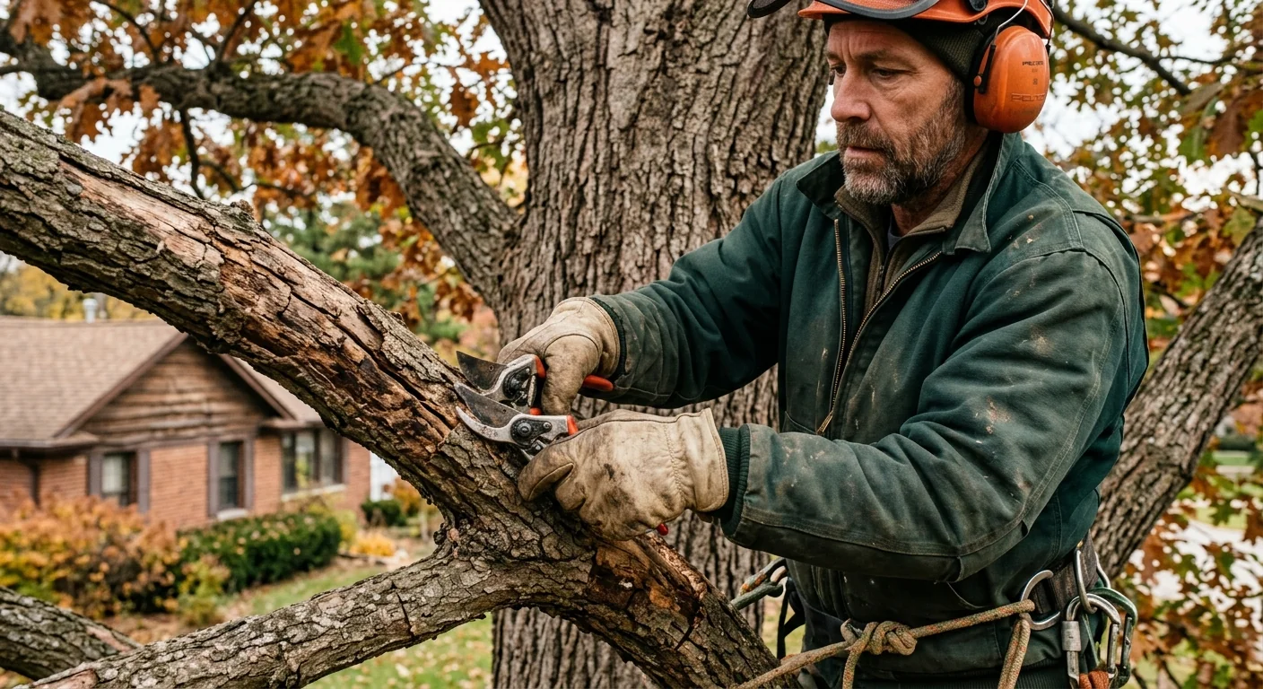 Close-up of an arborist making a precise pruning cut on a stressed oak limb