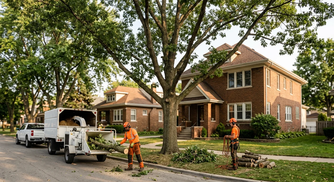 Wide shot of a restored residential canopy after crown thinning in Bellwood
