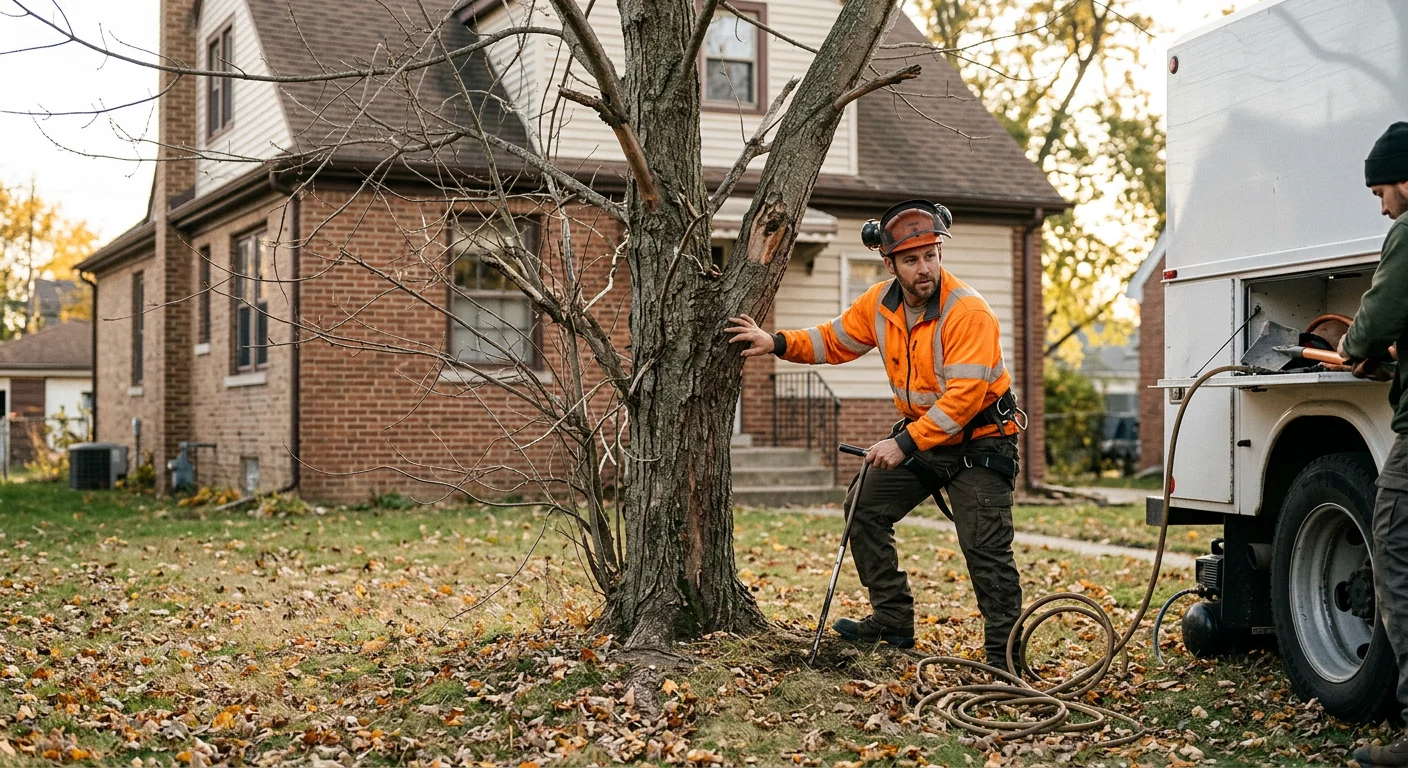 Neglected backyard tree with thin canopy before health treatment began