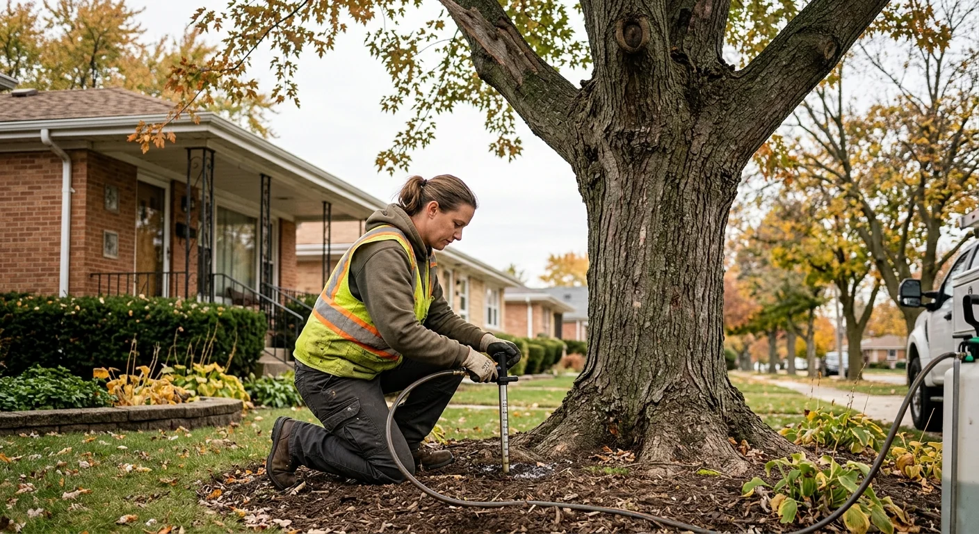 Technician applying targeted root zone fertilization around an aging maple